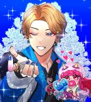  10070414 1boy 1girl black_shirt blue_background blue_eyes blue_nails blue_shirt blush boquet_(super_sentai) brown_hair byakuya_rikuo commentary_request curly_sidelocks earrings fake_horns fingerless_gloves flower gloves grin heart highres holding holding_sign horn_hairband horns jewelry long_hair no.1_sentai_gozyuger one_eye_closed open_mouth pink_eyes pink_hair purple_gloves rose sentai_ring shirt short_hair sign smile sparkle super_sentai tokusatsu upper_body white_gloves 