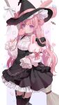  1girl absurdres black_hat black_skirt black_thighhighs blush borrowed_character broom candy closed_mouth commentary_request commission cowboy_shot food frilled_skirt frills garter_straps hair_bun hat hat_ribbon heart heart-shaped_food heart-shaped_lollipop high-waist_skirt highres holding holding_candy holding_food holding_lollipop holding_stuffed_toy lollipop long_hair long_sleeves looking_at_viewer myon_rio original pink_eyes pink_hair pink_ribbon ribbon shaped_lollipop shirt skeb_commission skirt smile solo standing stuffed_animal stuffed_rabbit stuffed_toy thighhighs very_long_hair watermark white_shirt witch witch_hat 