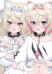  2girls absurdres animal_ear_fluff animal_ears bandaid bandaid_hair_ornament belt blonde_hair blue_eyes blue_hair blue_nails blush breasts collarbone dog_ears dog_girl fuwawa_abyssgard fuwawa_abyssgard_(1st_costume) hair_between_eyes hair_intakes hair_ornament hairclip headphones headphones_around_neck highres hololive hololive_english horn_hairband kasutera_mikan large_breasts long_hair long_sleeves looking_at_viewer mococo_abyssgard mococo_abyssgard_(1st_costume) multiple_girls navel open_mouth parallel_hairclips pink_eyes pink_hair pink_nails shirt short_hair short_sleeves siblings simple_background sisters smile stomach twins white_background white_shirt x_hair_ornament 