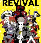  2025 4boys 4girls amagi_yukiko black_hair black_jacket blue_hat brown_hair closed_mouth dated grey_hair hanamura_yousuke hand_fan hat highres holding holding_fan holding_weapon jacket kujikawa_rise kuma_(persona_4) long_hair looking_at_viewer magaininninnin multiple_boys multiple_girls narukami_yu persona persona_4 persona_4_revival satonaka_chie shirogane_naoto shirt short_hair smile tatsumi_kanji television weapon white_shirt 
