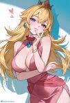  1girl arm_under_breasts bangle bare_shoulders blonde_hair blue_eyes blue_gemstone blush bracelet breasts cleavage collarbone commentary crown double-parted_bangs dress earrings english_commentary fingernails gem hair_between_eyes hand_up head_tilt heart helloimtea highres jewelry large_breasts long_hair looking_at_viewer mario_(series) paid_reward_available parted_lips pink_dress princess_peach red_gemstone ring shadow solo sphere_earrings twitter_logo twitter_username 