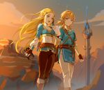 1boy 1girl absurdres animal_ears belt blonde_hair blue_eyes blue_shirt blue_tunic boots braid brown_belt brown_boots brown_gloves brown_pants champion&#039;s_tunic_(zelda) closed_mouth commentary_request crown_braid feet_out_of_frame fingerless_gloves gloves green_eyes highres holding layered_sleeves link long_hair long_sleeves open_mouth orange_sky outdoors pants pointy_ears ponytail princess_zelda sheikah_slate shirt short_hair short_over_long_sleeves short_ponytail short_sleeves sky smile standing teeth the_legend_of_zelda the_legend_of_zelda:_breath_of_the_wild tower tunic upper_teeth_only wufaxianshi_cnd 
