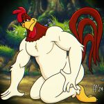 2024 4_fingers anthro avian avian_caruncle beak bird brown_body brown_feathers chicken closed_smile comb_(anatomy) dewlap_(anatomy) digital_drawing_(artwork) digital_media_(artwork) fabfelipe feathers featureless_chest fingers foghorn_leghorn galliform gallus_(genus) hand_on_ground head_crest hi_res kneeling looney_tunes male mouth_closed multicolored_body multicolored_feathers narrowed_eyes nude_anthro nude_male pecs phasianid pinup pose smile solo tail tail_feathers two_tone_body two_tone_feathers warner_brothers white_body white_feathers yellow_beak
