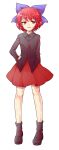  1girl alphes_(style) black_shirt black_shoes blue_ribbon bow collared_shirt commentary_request dairi full_body hair_bow hair_ribbon half-closed_eyes hand_on_own_hip highres large_variant_set long_sleeves looking_at_viewer no_cape open_mouth parody red_eyes red_hair red_skirt ribbon sekibanki shirt shoes short_hair skirt smile solo style_parody tachi-e touhou transparent_background variant_set 