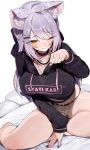  1girl ahoge animal_ears artist_request bare_legs barefoot belt between_legs black_choker black_hoodie bra_strap breasts choker closed_mouth crop_top cropped_hoodie drawstring fishnets hand_between_legs hand_up highres hood hood_down hoodie indie_virtual_youtuber large_breasts long_hair long_sleeves looking_at_viewer micro_shorts midriff multicolored_hair multicolored_nails nail_polish one_eye_closed paw_pose pillow second-party_source shachikuzu_kareha shorts simple_background sitting solo streaked_hair thighs virtual_youtuber white_background white_hair white_shorts wolf_ears yellow_eyes 
