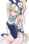  1girl animal_ears aqua_bow aqua_bowtie arms_up blonde_hair blue_archive blue_eyes blue_hairband blue_halo blue_leotard bow bowtie breasts card cleavage detached_collar fake_animal_ears fake_tail hairband halo hands_up high_heels highleg highleg_leotard leotard long_hair looking_at_viewer ouri_(aya_pine) playboy_bunny playing_card rabbit_ears rabbit_tail sitting sketch solo strapless strapless_leotard tail thighhighs toki_(blue_archive) toki_(bunny)_(blue_archive) unfinished white_thighhighs wrist_cuffs 