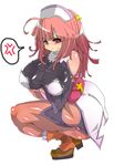  anger_vein bare_shoulders blush breasts commentary_request cross gloves hat huge_breasts kuma_(kumakuma5) la_pucelle long_hair pantyhose pink_hair prier red_eyes solo spoken_anger_vein thighs 