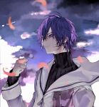  0qktb 1boy arm_up black_shirt blue_eyes blue_hair clenched_hand closed_mouth cloud cloudy_sky earrings falling_petals highres jacket jewelry kaito_(vocaloid) looking_at_hand male_focus parted_bangs petals piercing profile shirt short_hair sky solo turtleneck upper_body vocaloid white_jacket 
