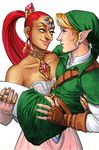  1girl bad_deviantart_id bad_id big_nose carrying commentary dark_skin earrings eyeshadow gerudo highres jewelry link lips long_hair makeup nabooru pantyhose pointy_ears ponytail princess_carry red_hair role_reversal sorskc the_legend_of_zelda the_legend_of_zelda:_ocarina_of_time 