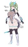  1girl android armored_boots bare_shoulders black_gloves black_thighhighs boots breasts cable cable_tail closed_mouth covered_navel elbow_gloves expressionless full_body gloves green_hair grey_leotard hair_between_eyes headgear height high_heel_boots high_heels highleg highleg_leotard highres hiruno knee_boots large_breasts leotard long_hair lyon_(hiruno) mecha_musume mechanical_ears mechanical_tail original pointy_ears red_eyes see-through_clothes see-through_leotard simple_background skindentation solo standing tail thigh_strap thighhighs twintails white_background 