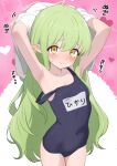 1girl absurdres armpits arms_behind_head arms_up bare_arms bare_shoulders blue_archive blue_one-piece_swimsuit blush breasts closed_mouth clothes_writing collarbone commentary_request covered_navel cowboy_shot green_hair heart highres kakapomilk long_hair looking_at_viewer nozomi_(blue_archive) one-piece_swimsuit pink_background pointy_ears presenting_armpit school_swimsuit sidelocks small_breasts solo swimsuit thighs translation_request very_long_hair yellow_eyes 