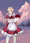  1girl absurdres apron blonde_hair dress dxt flower frills hair_ornament highres holding holding_flower long_hair maid maid_headdress puffy_short_sleeves puffy_sleeves red_dress ribbon rose short_sleeves smile snow solo touhou touhou_(pc-98) tree tundra yellow_eyes yumeko_(touhou) 