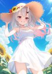  1girl :d alternate_costume bare_arms blue_sky breasts center-flap_bangs cloud day dress empire_waist field flower flower_field gradient_hair grey_hair grin hair_between_horns hat hat_flower highres hololive horns kotone_neruneru long_hair looking_at_viewer multicolored_hair nakiri_ayame oni outdoors red_eyes red_hair see-through_clothes see-through_dress skin-covered_horns sky sleeveless sleeveless_dress small_breasts smile solo standing straw_hat streaked_hair sun_hat sundress sunflower virtual_youtuber white_dress 