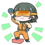  1girl arm_up artist_request blue_boots blue_gloves blush_stickers boots breast_pocket brick cable chibi closed_mouth collared_jumpsuit earrings foot_up fully_charged_(infinity_nikki) gloves goggles green_hair hand_up happy infinity_nikki jewelry jumpsuit lightning_bolt_print lowres medium_hair nikki_(series) notice_lines official_art orange-framed_eyewear orange-tinted_eyewear orange_jumpsuit pocket smile solo standing tinted_eyewear transparent_background two-tone_sleeves yellow_sleeves zipper zipper_pull_tab 
