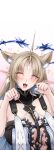  1girl absurdres animal_ear_fluff animal_ears black_collar blonde_hair blue_hair blush breasts cat_ears closed_eyes collar colored_inner_hair commentary crown_of_thorns ear_blush earrings facing_viewer fleurdelys_(wuthering_waves) floating_earrings gradient_background hands_up highres horns huge_breasts jewelry kemonomimi_mode long_hair long_horns multicolored_hair necklace open_mouth out_of_character parted_bangs paw_pose pink_background pointy_ears sidelocks single_horn solo tacet_mark_(wuthering_waves) upper_body west_(user_frmf8438) white_background wuthering_waves yellow_horns 