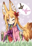  1girl absurdres animal_ears blonde_hair closed_mouth double_fox_shadow_puppet emil_chronicle_online fox_ears fox_shadow_puppet fox_tail frolyflow2 hair_ribbon highres japanese_clothes kimono loki_alma long_hair meadow one_eye_closed ribbon smile tail yellow_eyes 
