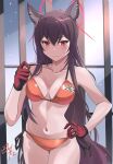  1girl alternate_costume animal_ears bikini black_hair blue_archive fox_ears fox_girl gloves halo hand_on_own_hip highres long_hair nikulas_cage orange_bikini red_gloves red_halo solo string_bikini swimsuit yukino_(blue_archive) 