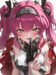  1boy 1girl armlet armor black_bow black_gloves blush bow breastplate breasts collar commentary_request ddcc0123 earrings finger_to_another&#039;s_mouth fingernails gloves hair_bow hairband headgear highres jewelry long_hair looking_at_viewer lupa_(wuthering_waves) male_rover_(wuthering_waves) medium_breasts metal_collar metal_hairband multiple_hair_bows open_mouth pink_hair pov pov_hands red_pupils red_sash rover_(wuthering_waves) sash simple_background teeth twintails upper_body upper_teeth_only white_background wuthering_waves yellow_eyes 