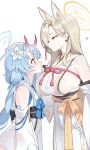  2girls amy_016 animal_ears arm_at_side armpit_crease artist_name bare_shoulders blonde_hair blue_archive blue_bow blue_bowtie blue_hair blue_halo blush bow bowtie braid braided_ponytail breasts chise_(blue_archive) closed_mouth commentary dated detached_sleeves flower fox_ears fox_girl from_side gradient_horns hair_behind_ear hair_flower hair_ornament hairband hakama half-closed_eyes halo hand_on_another&#039;s_head heart height_difference highres horns japanese_clothes kaho_(blue_archive) kimono large_breasts long_hair long_sleeves looking_at_another looking_down looking_up mole mole_under_mouth multicolored_horns multiple_girls no_pupils nose_blush obi profile red_eyes red_horns rope sailor_collar sash short_kimono sideboob sideless_kimono sidelocks simple_background single_braid skin-covered_horns sleeveless sleeveless_kimono smile standing symbol-only_commentary tassel very_long_hair white_background white_flower white_hakama white_kimono white_sailor_collar wide-eyed wide_sleeves yellow_eyes yellow_hairband yellow_halo yuri 