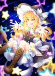  1girl :d ascot black_hat black_skirt black_vest blonde_hair bloomers boots bow braid broom broom_riding brown_boots buttons chinese_commentary commentary double-breasted gloves hacko hair_bow hat hat_ornament kirisame_marisa knee_boots kneehighs lace-up_boots long_hair looking_at_viewer mini-hakkero mixed-language_commentary open_mouth outstretched_arms purple_ascot shirt shooting_star side_braid single_braid skirt smile socks solo star_(sky) star_(symbol) star_hat_ornament starry_sky_background touhou under_table very_long_hair vest white_bloomers white_bow white_gloves white_shirt white_socks witch_hat yellow_eyes yin_yang 