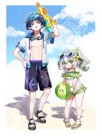  1boy 1girl absurdres alternate_costume animal_print aranara_(genshin_impact) arm_up armpit_crease arms_at_sides asymmetrical_sidelocks ball beachball bird_print black_hair black_shorts blue_hood blue_sky blunt_ends blush body_markings border bracelet bright_pupils cloud cloudy_sky collarbone colored_inner_hair contemporary cross-shaped_pupils drawstring eyelashes eyewear_on_head frilled_sweater full_body genshin_impact goggles goggles_around_neck gold green_eyes green_hair green_pupils grey_sandals hair_between_eyes hair_ornament hand_on_own_hip height_difference highres hood hood_down hooded_jacket jacket jewelry leaf leaf_hair_ornament long_hair looking_at_viewer multicolored_hair nahida_(genshin_impact) navel oishii_sasa one-piece_swimsuit open_clothes open_jacket open_mouth outdoors pectorals pigeon-toed pointy_ears purple_eyes purple_hair sandals scaramouche_(genshin_impact) shadow short_sleeves shorts side_ponytail sidelocks sky sparkle standing streaked_hair sunglasses swimsuit symbol-shaped_pupils tareme thick_thighs thighs toenails toes toned tongue tongue_out trigger_discipline tsurime twitter_username visor_cap wanderer_(genshin_impact) water_gun watermark white_border white_hair white_jacket white_pupils white_sleeves 