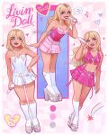 1girl artist_name bare_shoulders blonde_hair blue_eyes dress english_text hand_on_own_hip highres holding holding_microphone long_hair luztapiaart microphone multiple_views pink_skirt platform_heels real_life sabrina_carpenter skirt socks strapless strapless_dress watermark white_dress white_socks 