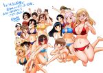  6+girls :3 ;d barefoot bikini black_hair blonde_hair blue_bikini blue_eyes blunt_bangs breasts brown_eyes brown_hair character_request closed_mouth commentary_request double_bun earrings expressionless front-tie_bikini_top front-tie_top glasses green_eyes green_hair grin hair_bun hairband hakubishi_ran hibino_misuzu hug hug_from_behind inukai_koharu itachi_sakurako jewelry kamogawa_mai karasuno_rin kijitani_ayano kujaku_makoto kuzuryuu_hanako large_breasts long_hair medium_breasts multicolored_hair multiple_girls navel nekomiya_moe one_eye_closed open_mouth orange_bikini outstretched_arms pink_bikini pink_hair ponytail purple_bikini purple_eyes red-framed_eyewear red_bikini red_eyes red_hair school_swimsuit sharp_teeth shiratori_kanon shishidou_seira short_hair side-tie_bikini_bottom simple_background smile sogabe_toshinori spread_arms stomach streaked_hair swept_bangs swimsuit takae_kasumi tan teeth translation_request tsuruhashi_madoka usagi_kanae ushigome_yuna white_background white_bikini white_hairband yankee_jk_kuzuhana-chan yellow_bikini 