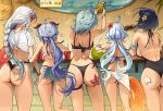  5girls absurdres ahoge ass back backless_outfit bikini black_bikini black_one-piece_swimsuit black_panties blue_bikini blue_hair blue_shorts bottle braid braided_ponytail breasts commentary crop_top cutoffs denim denim_shorts dress eula_(genshin_impact) flower food from_behind fruit furina_(genshin_impact) ganyu_(genshin_impact) genshin_impact goat_horns hair_flower hair_ornament highres holding holding_bottle horns large_breasts locked_arms long_hair medium_hair multicolored_hair multiple_girls one-piece_swimsuit outdoors panties pineapple red_flower rhtkd seashell shell shenhe_(genshin_impact) short_shorts shorts side-tie_bikini_bottom starfish streaked_hair swimsuit thigh_strap underwear very_long_hair white_hair yelan_(genshin_impact) yellow_flower 