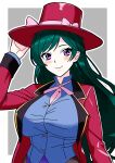  1girl absurdres blue_leotard blush breasts brown_background clip_studio_paint_(medium) commission earrings formal_clothes francesca_(pokemon) green_hair hat highres jacket jewelry large_breasts leotard long_hair long_sleeves magician pantyhose pokemon pokemon_(anime) pokemon_(creature) pokemon_dppt_(anime) red_jacket smile solo spill_(naru) suit top_hat upper_body white_background 