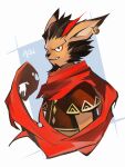  1boy afk_(series) afk_arena animal_ears artist_name commentary_request earrings facial_hair fang fang_out furry furry_male goatee highres jewelry khasos_(afk) looking_at_viewer male_focus multicolored_hair okn_369 red_scarf scarf single_earring smile streaked_hair upper_body 
