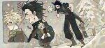  2boys armor belt black_hair black_pants black_sweater blonde_hair blue_eyes blush boots breath brown_boots brown_gloves chocobo cloud_strife cold commentary covering_own_mouth crisis_core_final_fantasy_vii cross_scar day dutch_angle final_fantasy final_fantasy_vii gloves green_scarf hair_slicked_back hand_on_own_hip hands_up highres korean_text laughing leaning_forward limited_palette looking_at_another male_focus medium_hair multiple_boys multiple_views nul open_mouth outdoors pants parted_lips pauldrons people puffy_pants scar scar_on_cheek scar_on_face scarf shinra_infantry_uniform shirt short_hair shoulder_armor signature sleeveless sleeveless_sweater sleeveless_turtleneck smile snow snowing speech_bubble spiked_hair squatting suspenders sweater thought_bubble toned toned_male translation_request tree turtleneck turtleneck_sweater zack_fair 