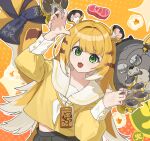  1girl alternate_costume animal_ear_fluff animal_ears black_skirt blonde_hair bow chaojiwudi_moxiansheng claw_pose commission fang food green_eyes highres ju_fufu long_hair long_sleeves looking_at_viewer meat multicolored_eyes multicolored_hair neckerchief open_mouth pleated_skirt sailor_collar school_uniform serafuku shirt shoes skirt smile solo tail tail_bow tail_ornament tiger_ears tiger_girl white_hair white_sailor_collar yellow_eyes zenless_zone_zero 