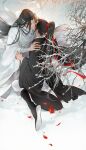  2boys bare_tree bishounen black_boots black_hair black_hanfu boots branch chinese_clothes closed_eyes couple falling_flower falling_petals flower full_body hair_ribbon hands_on_another&#039;s_shoulders hanfu headband high_ponytail hug kiss lan_wangji long_hair long_sleeves male_focus modao_zushi multiple_boys oten outdoors petals ponytail red_flower red_ribbon ribbon robe sitting sleeves_past_wrists snow snowing third-party_source tree very_long_hair wei_wuxian white_hanfu white_headband wide_sleeves winter yaoi 
