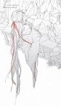  1boy 3girls against_railing ahoge chinese_clothes closed_eyes closed_mouth dress flower ghost greyscale hair_bun hair_down hair_ornament hair_ribbon half_updo hanfu highres holding_hands kiss kissing_hand long_hair long_sleeves looking_at_viewer male_focus modao_zushi moirae monochrome multiple_girls official_alternate_hairstyle plant railing red_ribbon ribbon robe sidelocks sitting smile solo_focus spot_color twitter_username very_long_hair watermark wei_wuxian wei_wuxian_(yiling_laozu) wide_sleeves 