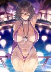  1girl arm_behind_head arm_support arm_up armpits ass_visible_through_thighs black_hair blue_eyes blurry blurry_background blush breasts breasts_apart choker closed_mouth collarbone commentary_request cowboy_shot elbow_gloves glasses gloves groin hair_between_eyes halterneck highres id_card lanyard large_breasts looking_at_viewer mole mole_on_thigh mole_under_mouth multiple_moles navel original purple_choker purple_gloves purple_slingshot_swimsuit short_hair slingshot_swimsuit solo straight-on swimsuit wakura_(gcdan) water_drop wet 