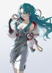  0gen3_illust 1girl bare_shoulders blue_hair breasts cleavage closed_mouth cowboy_shot dress fang fang_out green_eyes grey_dress hand_up highres hissabeth jacket long_hair looking_at_viewer medium_breasts off_shoulder pencil_dress red_pupils reverse:1999 short_dress slit_pupils smile snake snake_on_head solo spaghetti_strap very_long_hair white_background white_jacket 