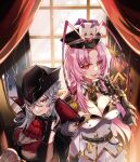  2girls absurdres antennae arthropod_girl arthropod_limbs ascot between_breasts black_hat black_necktie breasts cockroach_girl epaulettes fangs gauntlets geega_(vtuber) grey_eyes grey_hair hat highres indie_virtual_youtuber jyuka_en long_hair matara_kan matara_kan_(military) military_uniform mole mole_on_breast momo_(matara_kan) multiple_girls necktie necktie_between_breasts one_eye_covered pink_hair pointy_ears red_ascot red_eyes smile tricorne virtual_youtuber window 