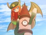  1girl analog_clock blue_sky braid clock cloud commentary day dragon_girl dragon_horns dragon_tail dragon_wings gradient_hair green_eyes green_hair green_hat green_scales green_tail hat hat_ornament hong_meiling horns long_hair looking_at_viewer monsterification multicolored_hair no_mouth nude outdoors red_hair shirosato sky solo star_(symbol) star_hat_ornament symbol-only_commentary tail touhou tower twin_braids very_long_hair wings 
