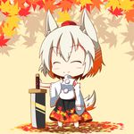  ^_^ animal_ears autumn_leaves bare_shoulders blush chibi closed_eyes detached_sleeves hat inubashiri_momiji leaf pom_pom_(clothes) sarashi shachoo. short_hair silver_hair simple_background skirt smile solo sword tail tokin_hat touhou weapon wolf_ears wolf_tail yellow_background 