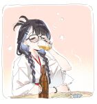  1girl ashtray bead_bracelet beads between_fingers black-framed_eyewear black_hair blue_hair blush bottle bracelet braid brown_background cigarette closed_eyes commentary_request cup drinking drinking_glass fuyuno_yuuki glasses hair_ornament hair_over_shoulder hairclip highres holding holding_cigarette holding_cup japanese_clothes jewelry kimono long_hair long_sleeves low_twintails multicolored_hair nose_blush original solo twin_braids twintails two-tone_hair upper_body very_long_hair white_kimono wide_sleeves 