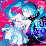  1girl bare_shoulders black_hairband blue_hair blue_necktie blue_trim collarbone detached_collar dress floating_hair gloves hairband hatsune_miku headphones headset long_hair microphone necktie pleated_dress red_background sanneko_no_ie short_dress solo strapless strapless_dress thighhighs twintails very_long_hair vocaloid watermark white_dress white_gloves white_thighhighs zettai_ryouiki 