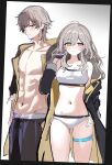  1boy 1girl black_gloves black_jacket black_pants breasts caelus_(honkai:_star_rail) cowboy_shot dual_persona gloves green_hair highres honkai:_star_rail honkai_(series) jacket long_hair navel open_clothes open_jacket panties pants sak_(lemondisk) short_hair sports_bra stelle_(honkai:_star_rail) thigh_strap trailblazer_(honkai:_star_rail) underwear unfinished white_panties white_sports_bra yellow_eyes 