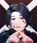  10070414 1boy black_hair commentary_request fur-trimmed_jacket fur_trim gradient_background grey_eyes highres index_fingers_raised index_fingers_together jacket kuon_(super_sentai) looking_at_viewer low_ponytail male_focus mole mole_under_eye no.1_sentai_gozyuger parted_lips ponytail red_background red_pupils side_part solo super_sentai symbol-shaped_pupils tokusatsu upper_body x-shaped_pupils 