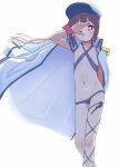  1girl ;) arm_behind_back backlighting bikini blue_hair brown_hair coat coat_on_shoulders colored_inner_hair commentary criss-cross_halter dot_nose epaulettes feet_out_of_frame flat_chest groin halterneck hand_over_face hand_up happyundergate hat highres hozuki_momiji leg_ribbon light_blush looking_at_viewer multicolored_hair navel official_alternate_costume official_alternate_hair_length official_alternate_hairstyle one_eye_closed onii-chan_wa_oshimai! open_clothes open_coat peaked_cap pink_bikini red_eyes ribbon simple_background smile solo standing stomach swimsuit two-tone_hair white_background white_coat wrist_cuffs 