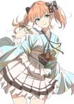  1girl 37.5c_no_fantasy aqua_eyes bien_(djpwjd1) black_bow black_sash blue_kimono bow bow_print breasts closed_mouth commentary cowboy_shot folding_fan hair_bow hand_fan highres hinoshita_kaho holding holding_fan japanese_clothes kimono kimono_skirt large_breasts layered_sleeves link!_like!_love_live! long_sleeves love_live! medium_hair miniskirt obi obiage obijime official_alternate_costume official_alternate_hairstyle orange_hair pleated_skirt print_kimono sash sidelocks simple_background skirt smile solo twintails two-tone_sash virtual_youtuber white_background white_sash white_skirt 
