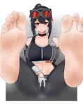  1girl absurdres ahoge akira8732587 barefoot black_background black_choker black_gloves black_hair black_pants black_tank_top border breasts cameltoe choker cleavage closed_mouth collarbone covered crop_top elbow_gloves facing_viewer feet foot_focus gloves goggles goggles_on_head grace_howard grey_background hair_between_eyes highres large_breasts long_hair looking_at_viewer navel outside_border pants red_eyes sitting smell smile soles solo spread_pussy spreading_own_pussy tank_top tight_clothes tight_pants toes v white_background white_border zenless_zone_zero 