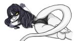 16:9 anthro bambiraptor biped black_clothing black_hair black_swimwear butt camel_toe cavemanon_studios clothing colored dinosaur dromaeosaurid elbow_feathers feathers feet female furgonomics genital_outline george_kp grey_body grey_feathers grey_scales hair head_turned hi_res humanoid_feet i_wani_hug_that_gator long_hair long_tail looking_at_viewer lunara_(iwhtg) lying on_front one-piece_swimsuit pinup plantigrade pose prehistoric_species reptile scales scalie seductive sharp_teeth simple_background small_waist smile snaggle_teeth solo swimwear tail teeth theropod toes vulva_outline white_background white_body white_scales wide_hips widescreen yellow_eyes