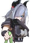  2girls ascot assault_lily belt biting biting_glove black_ascot black_belt black_gloves black_horns black_shirt blue_eyes blush braid breasts covered_mouth cropped_torso demon_horns detached_sleeves fingernails gloves green_hair grey_hair grey_shirt h_popowa hair_over_one_eye half_updo hands_up high_belt holding_another&#039;s_hair horns large_breasts looking_at_viewer medium_hair multiple_girls murakami_tokiwa one_eye_covered out_of_frame sekino_youko shirt short_sleeves simple_background single_glove solo_focus two-tone_shirt upper_body white_background 