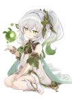  1girl absurdres bare_shoulders bracelet cape closed_mouth commentary_request detached_sleeves dress full_body genshin_impact gold_trim gradient_hair green_cape green_eyes green_hair green_sleeves hair_between_eyes hair_ornament hand_up heart highres iroha_(mimi0618xx) jewelry leaf_hair_ornament long_hair multicolored_hair nahida_(genshin_impact) partial_commentary pointy_ears seelie_(genshin_impact) side_ponytail simple_background sitting sleeveless sleeveless_dress smile solo star-shaped_pupils star_(symbol) stirrup_legwear symbol-shaped_pupils toeless_legwear toes white_background white_hair whtie_dress 
