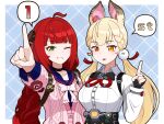  2girls ahoge alice_thymefield benis_zzz black_choker black_gloves black_sailor_collar blonde_hair cardigan chest_bow choker collared_shirt fingerless_gloves gloves green_eyes hair_ornament heterochromia highres index_finger_raised long_hair multiple_girls one_eye_closed pink_cardigan pom_pom_(clothes) pom_pom_hair_ornament sailor_collar shirt single_fingerless_glove speech_bubble twintails ukinami_yuzuha upper_body white_shirt zenless_zone_zero 